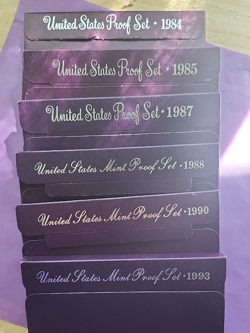 United States Mint Proof Set Collection - Purple Packaging,1984,85,87,88,90,1993